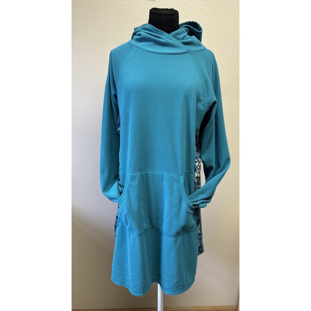 Youer Women's Large Teal Fleece Hoodie Dress Pockets Active Printed Sleeves EUC